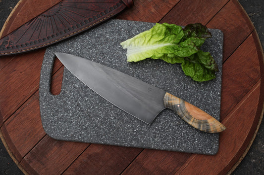 9 inch Custom Chefs knife in leather- Ponderosa pine