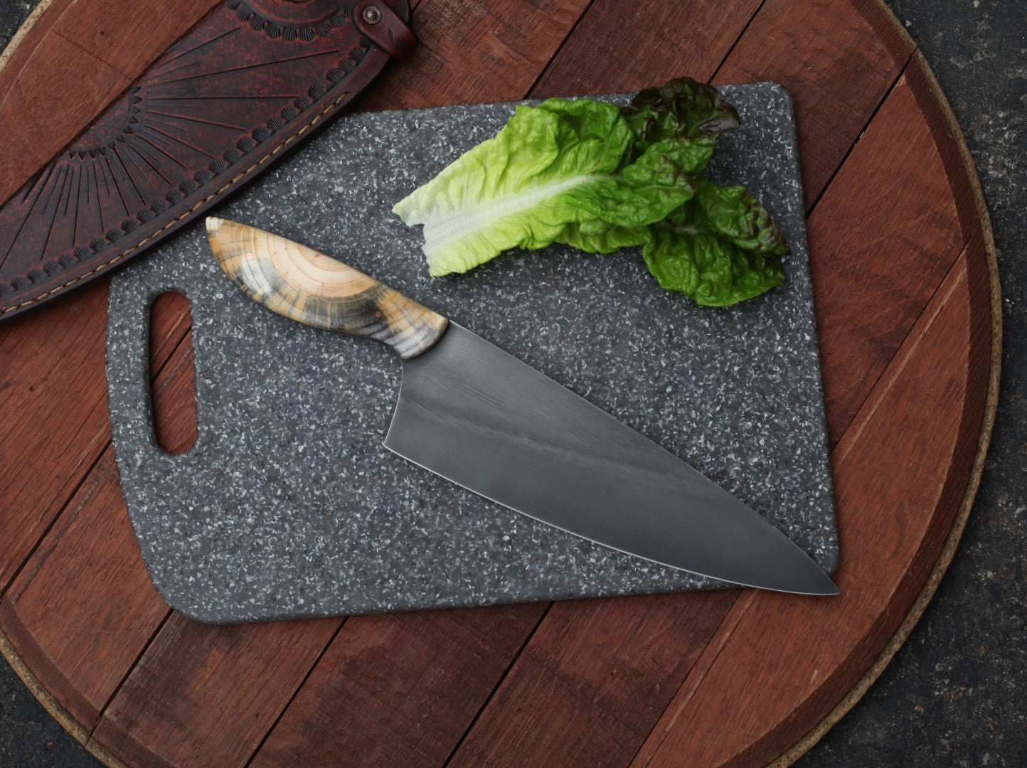 9 inch Custom Chefs knife in leather- Ponderosa pine