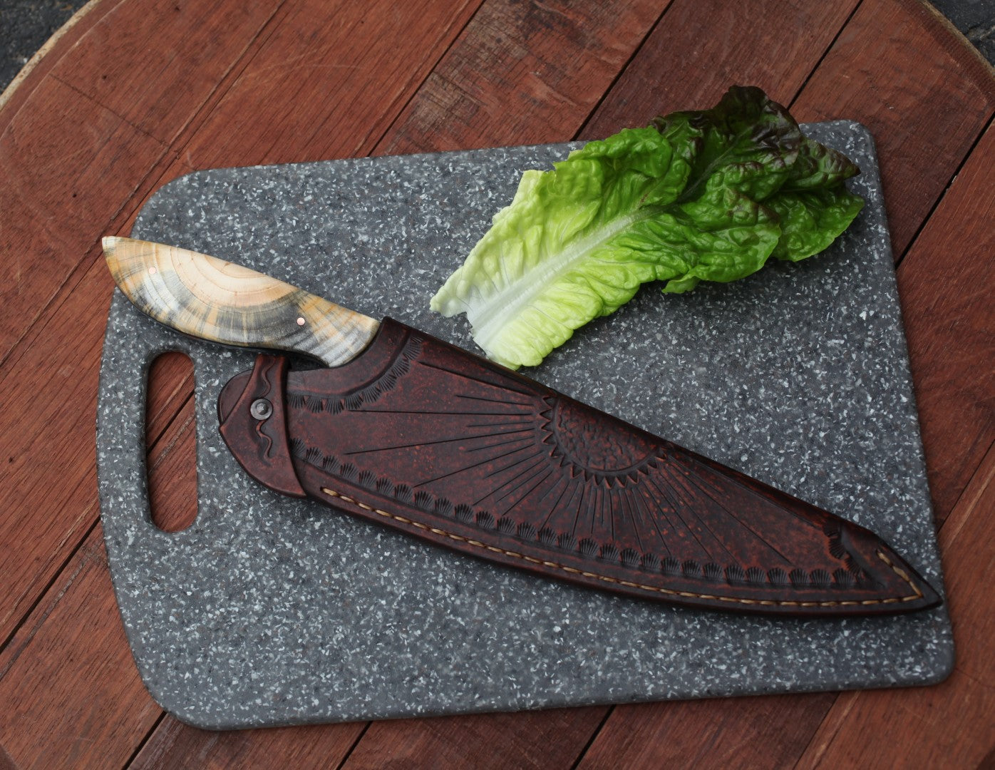 9 inch Custom Chefs knife in leather- Ponderosa pine