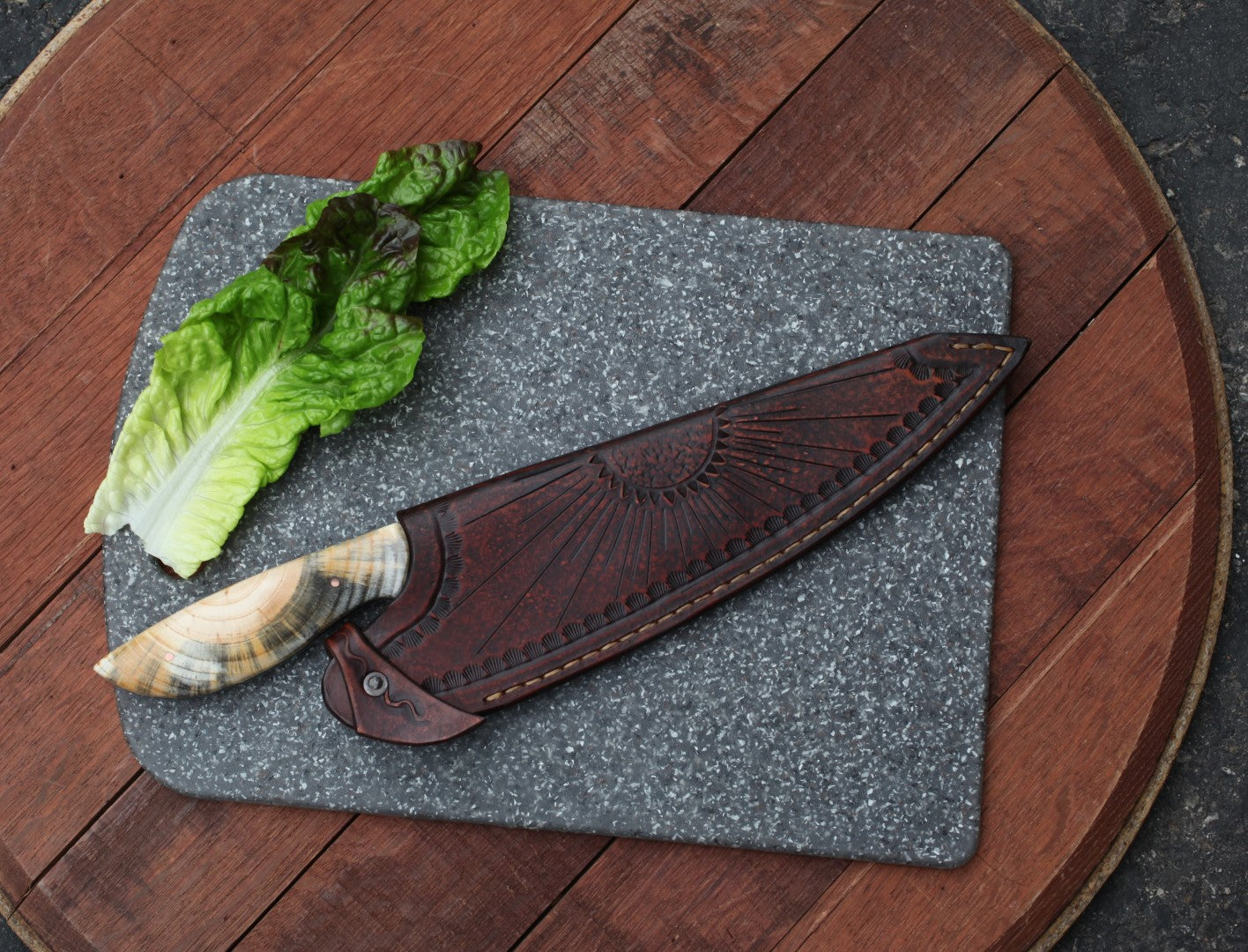 9 inch Custom Chefs knife in leather- Ponderosa pine