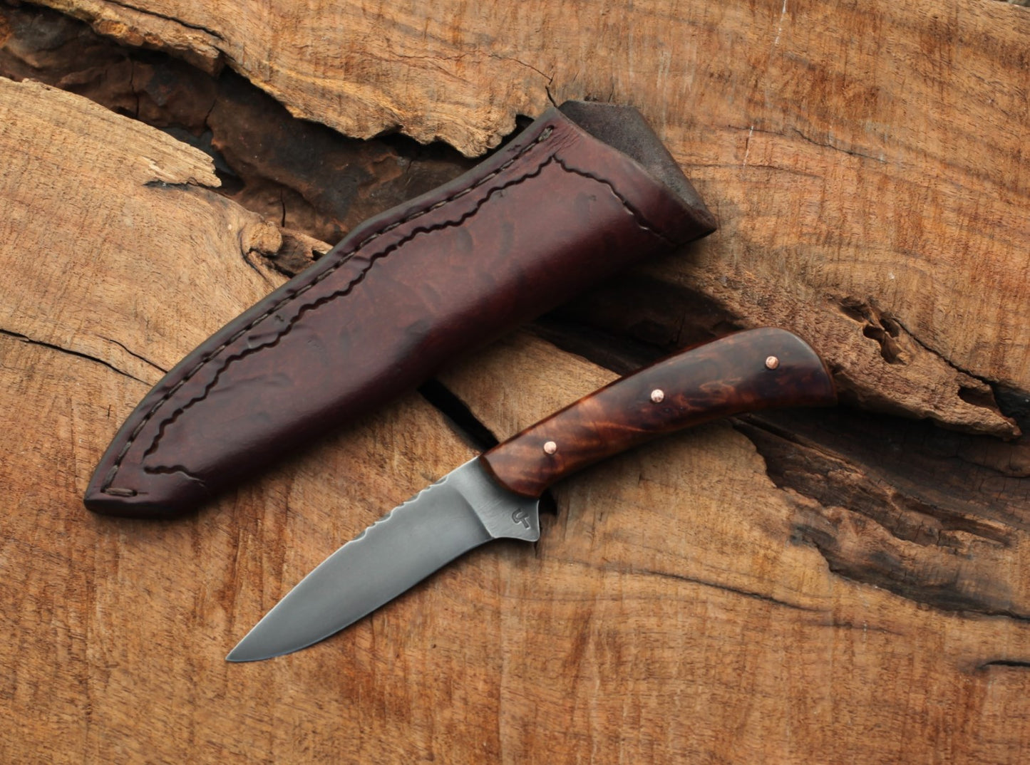 Bird and Trout knife, redwood burl