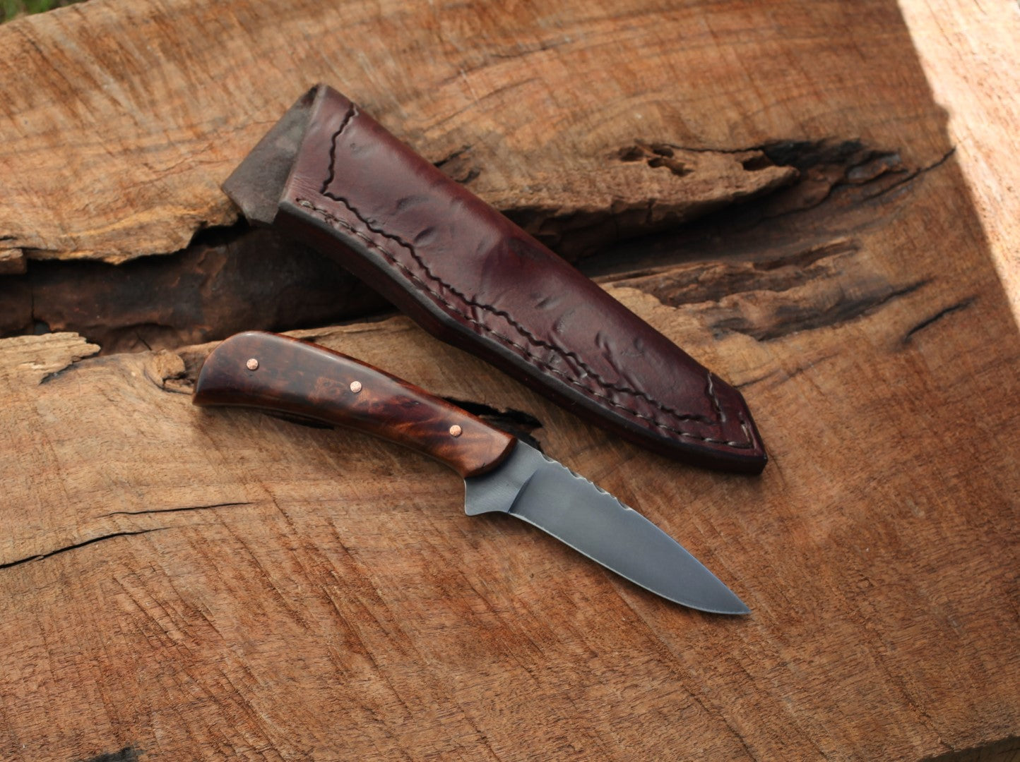 Bird and Trout knife, redwood burl