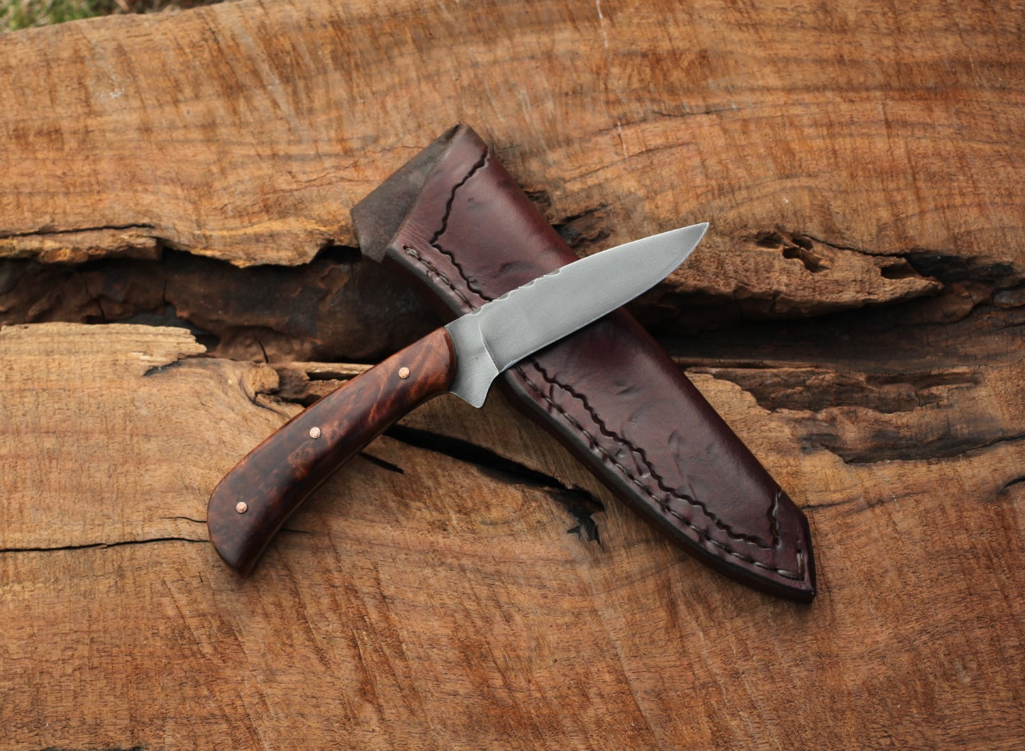 Bird and Trout knife, redwood burl