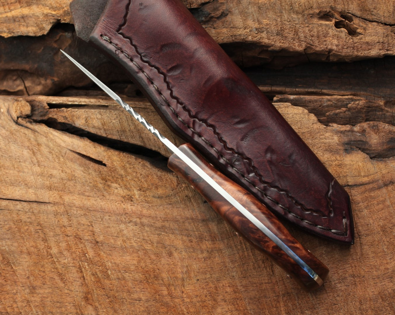 Bird and Trout knife, redwood burl