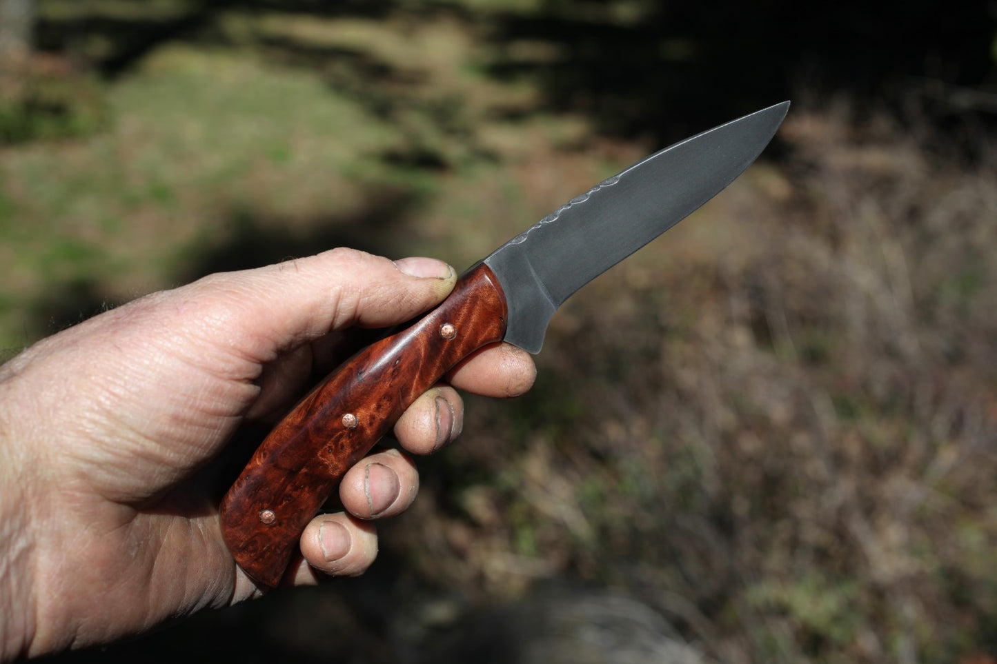 Bird and Trout knife, redwood burl