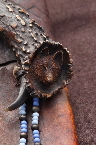 Wolf camp knife, carved antler