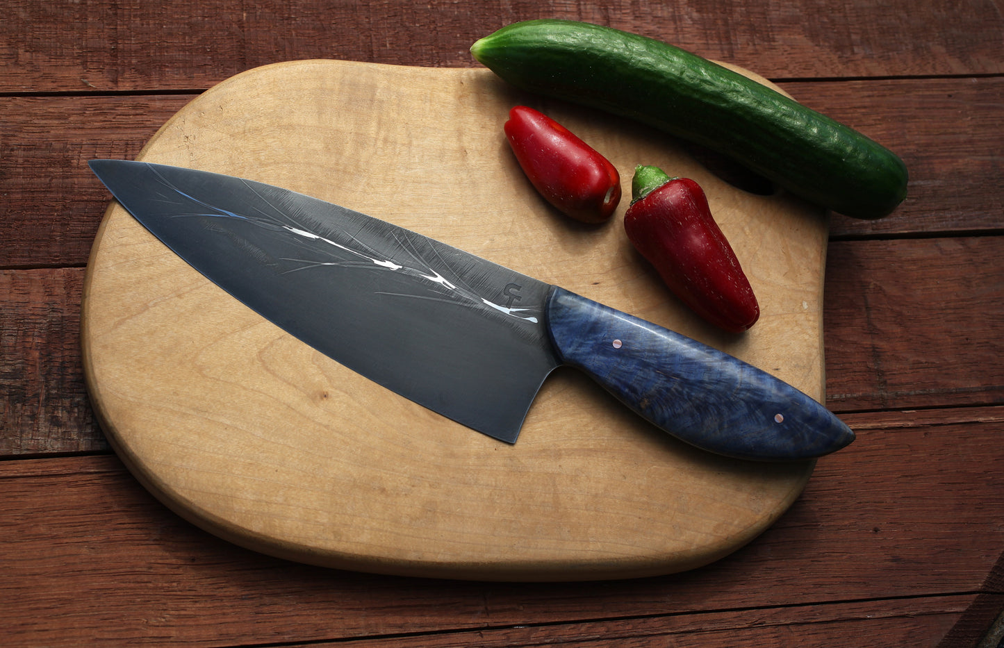 7.5 inch Custom Chefs knife- blue feathered maple