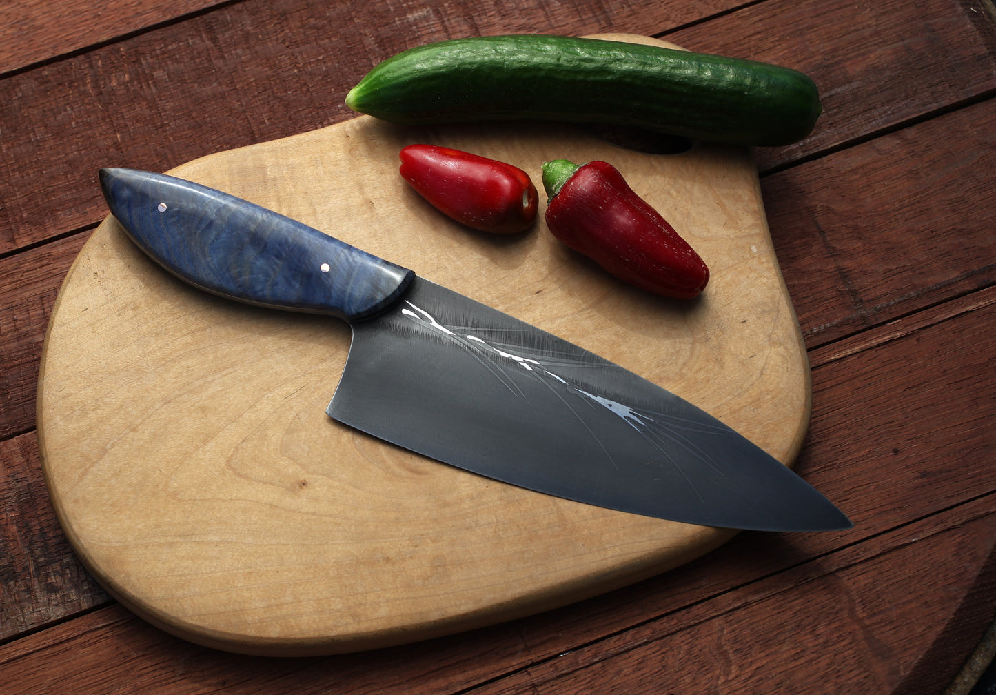 7.5 inch Custom Chefs knife- blue feathered maple