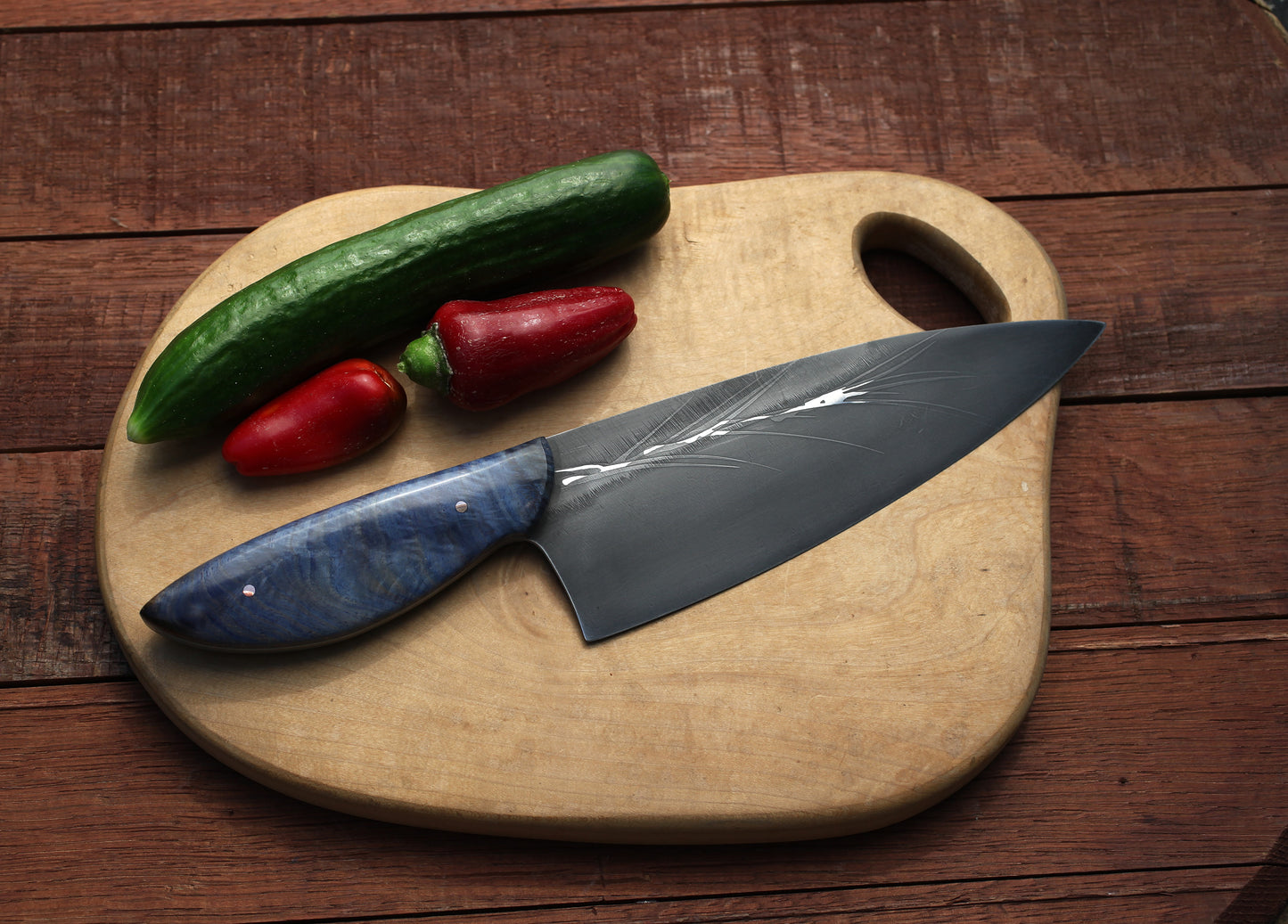 7.5 inch Custom Chefs knife- blue feathered maple