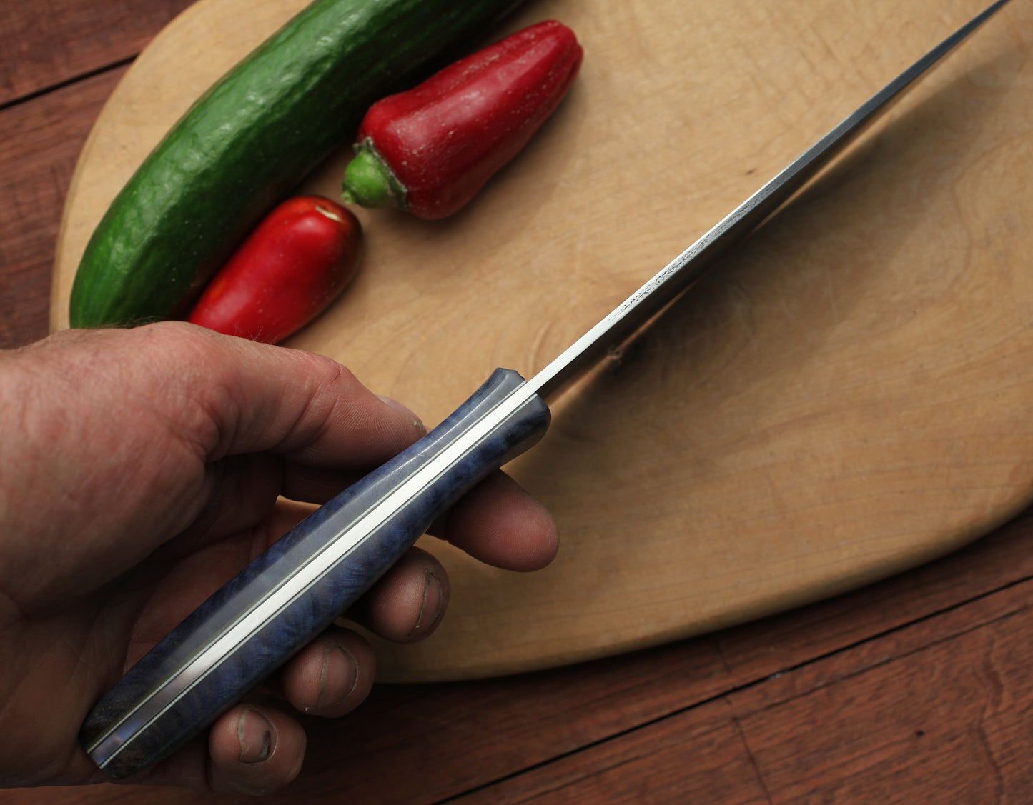 7.5 inch Custom Chefs knife- blue feathered maple