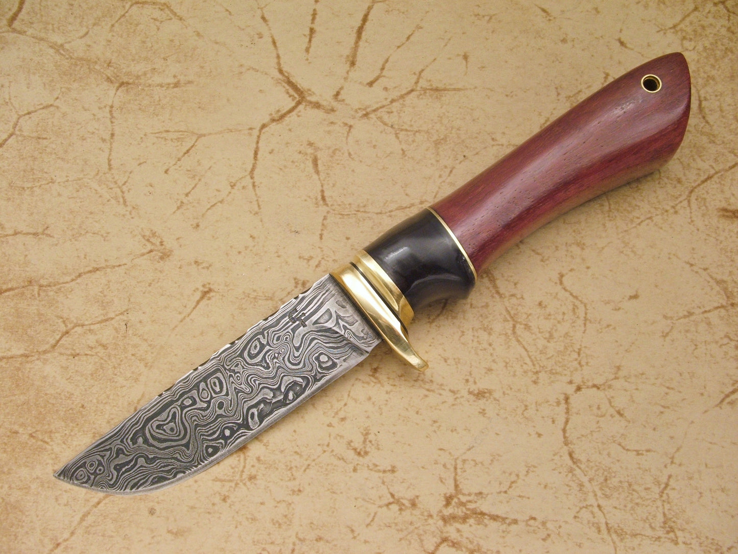 5 inch damascus hunter-horn,purpleheart