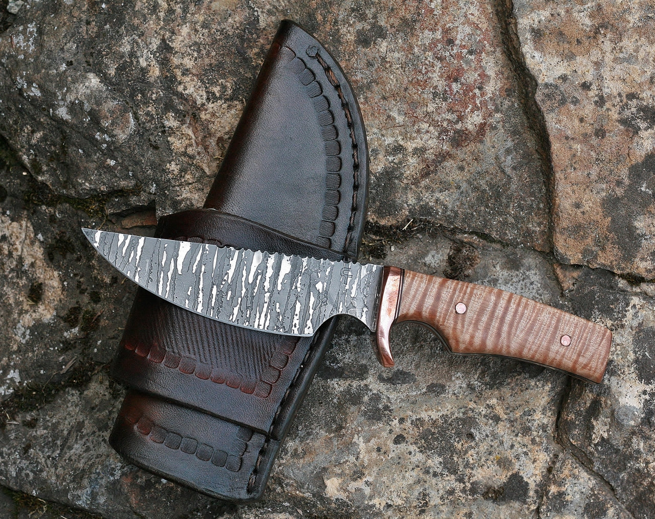Custom Etched Utility knife, fiddleback maple