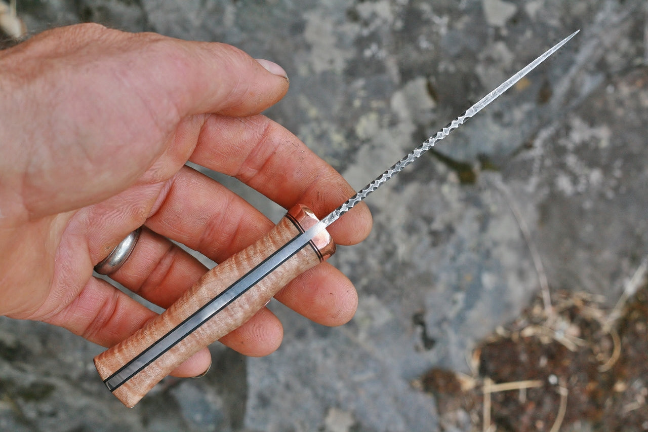 Custom Etched Utility knife, fiddleback maple