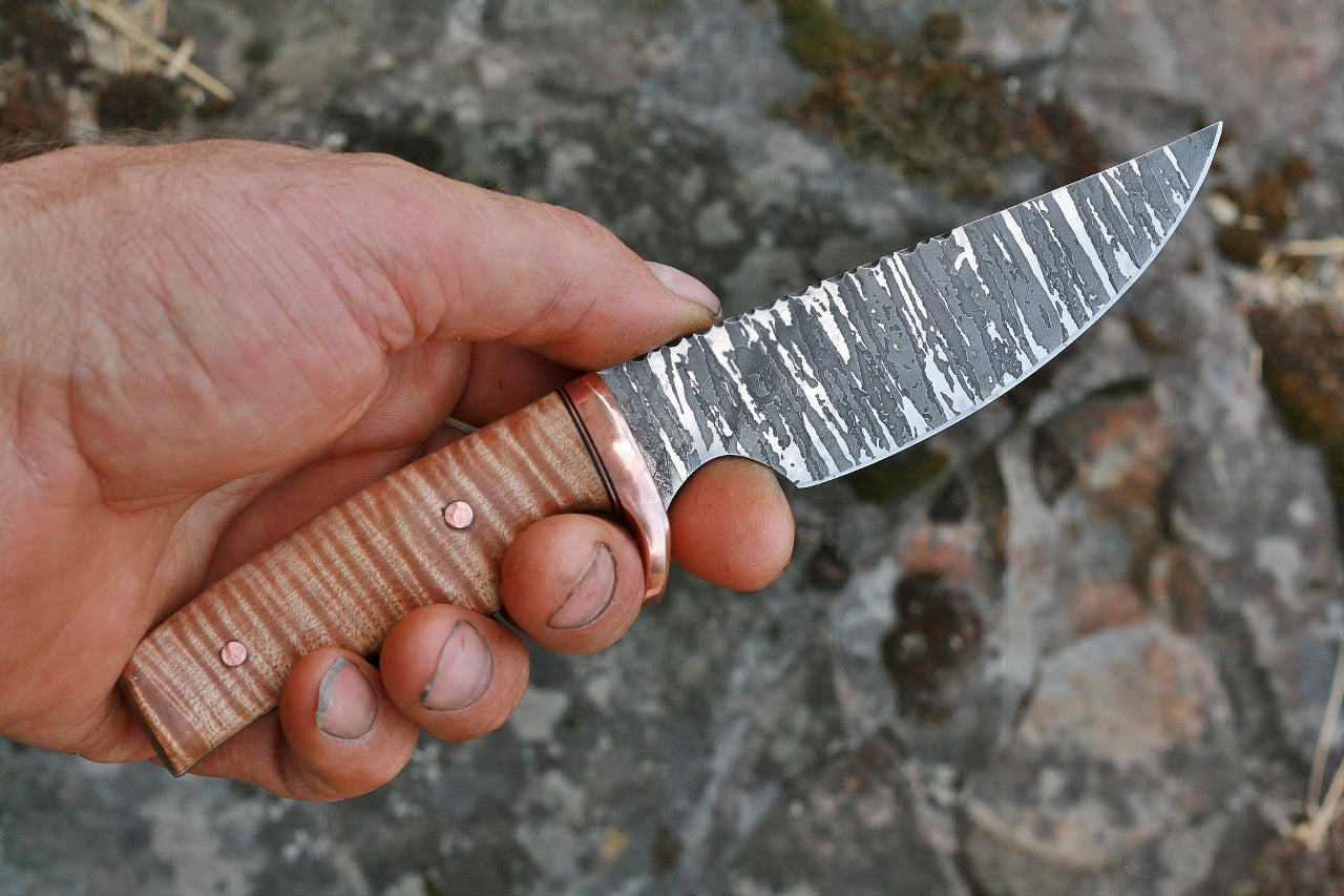 Custom Etched Utility knife, fiddleback maple