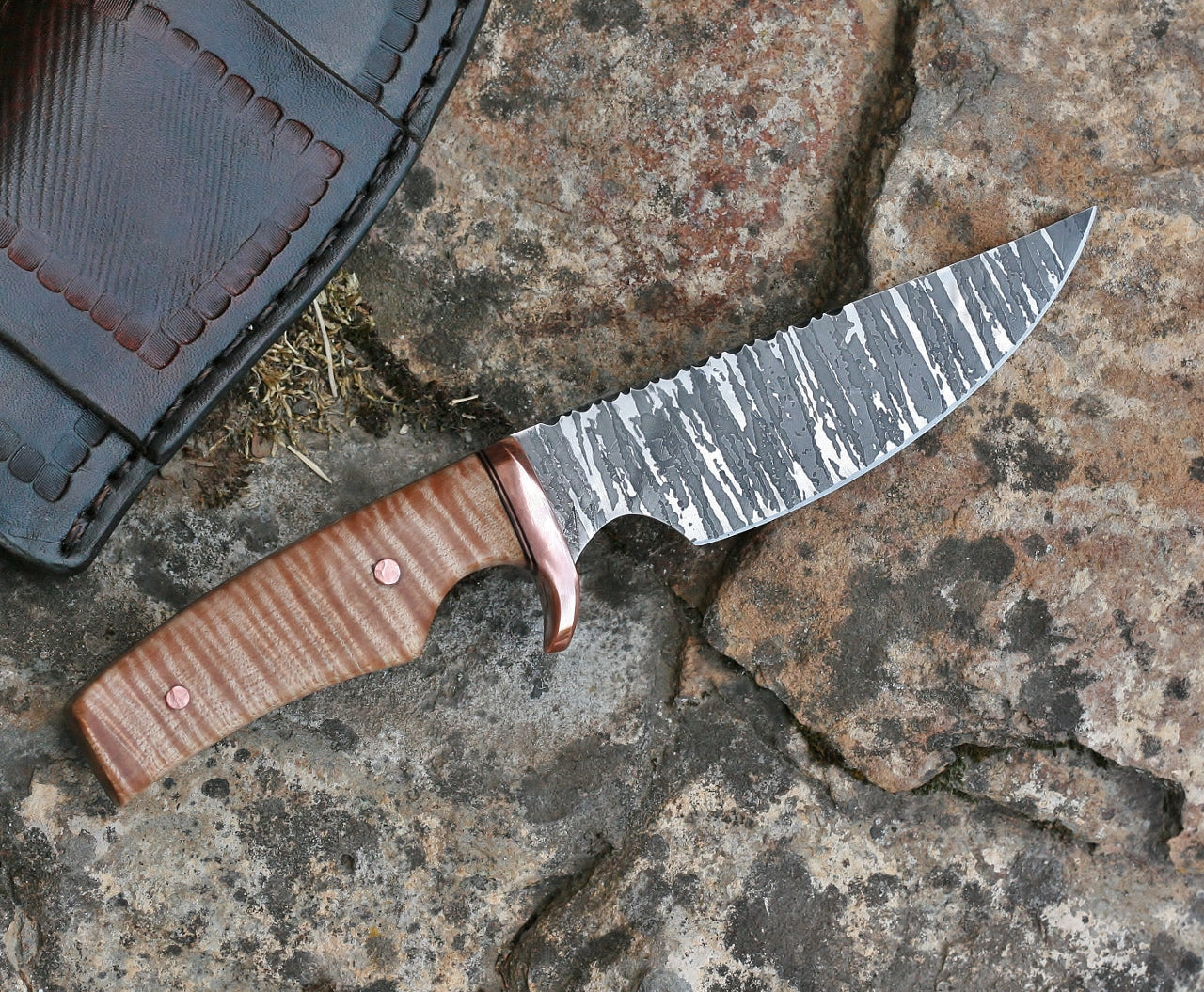 Custom Etched Utility knife, fiddleback maple