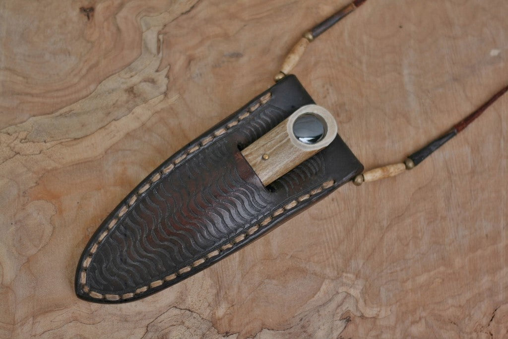 Custom neck knife, white tail antler and stone