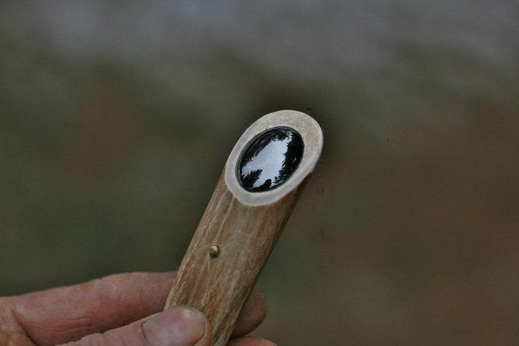 Custom neck knife, white tail antler and stone