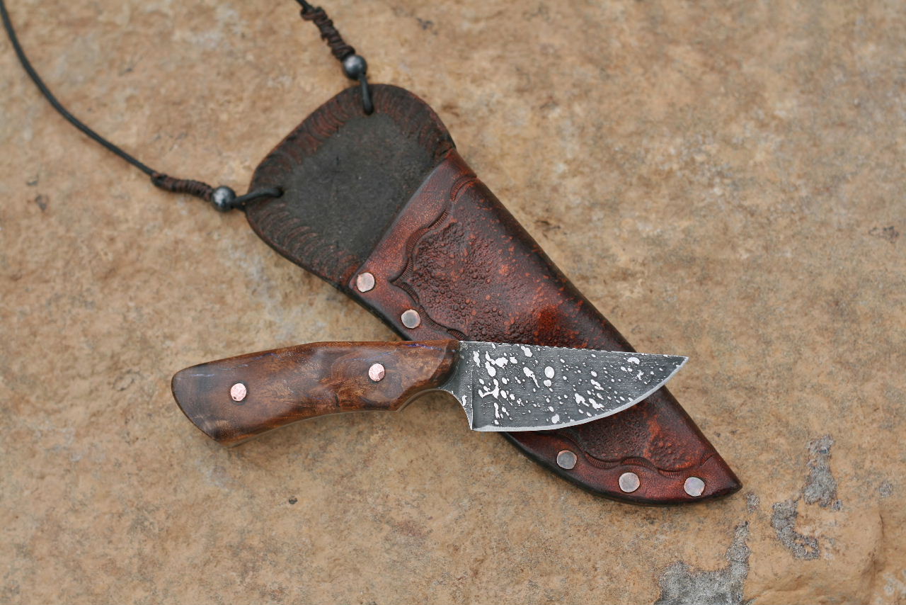 Custom neck knife, ironwood burl