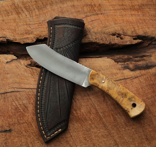 Custom spay point camp knife, cottonwood burl