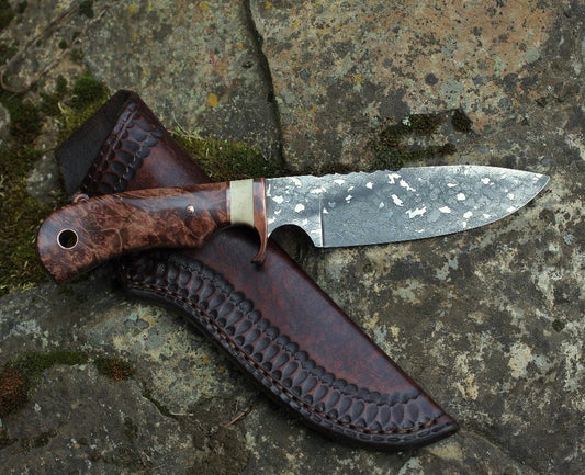 Large game hunter/camp knife, maple burl and caribou