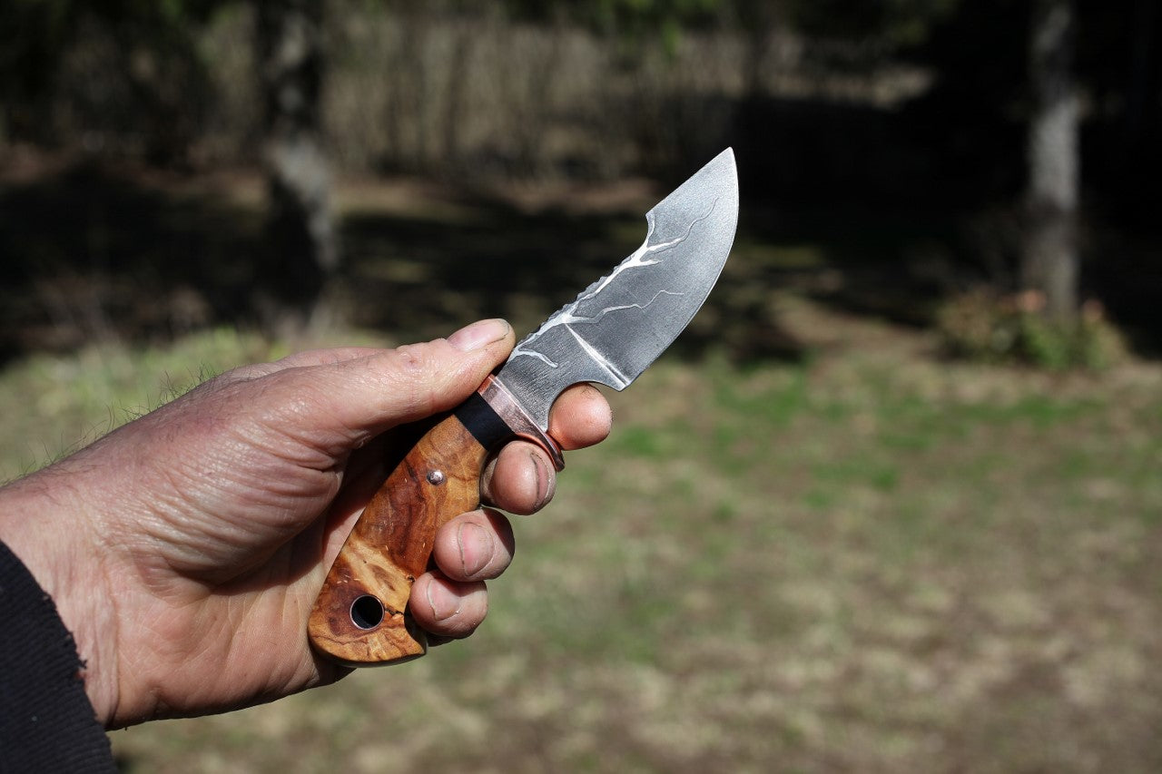 Modified Drop Point hunting knife, spalted aspen