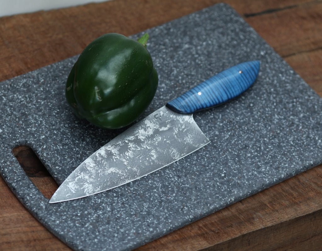 7 inch Chefs knife, blue fiddleback maple