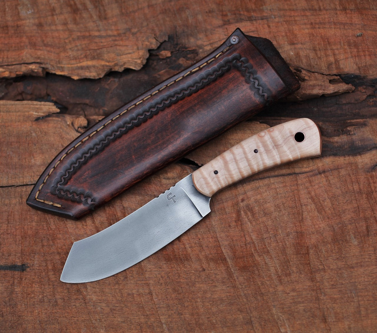 Custom Spay point Camp knife, figured maple