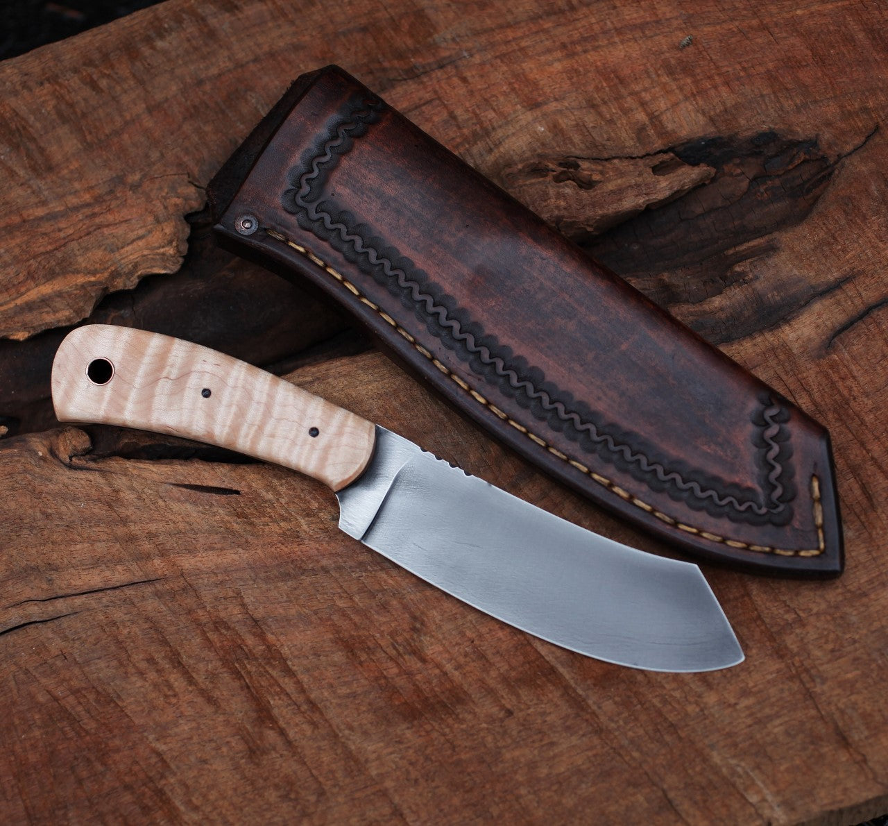 Custom Spay point Camp knife, figured maple