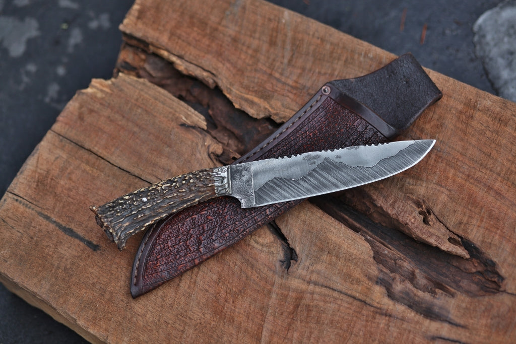 Carved antler, mountain man camp knife, Sambar stag