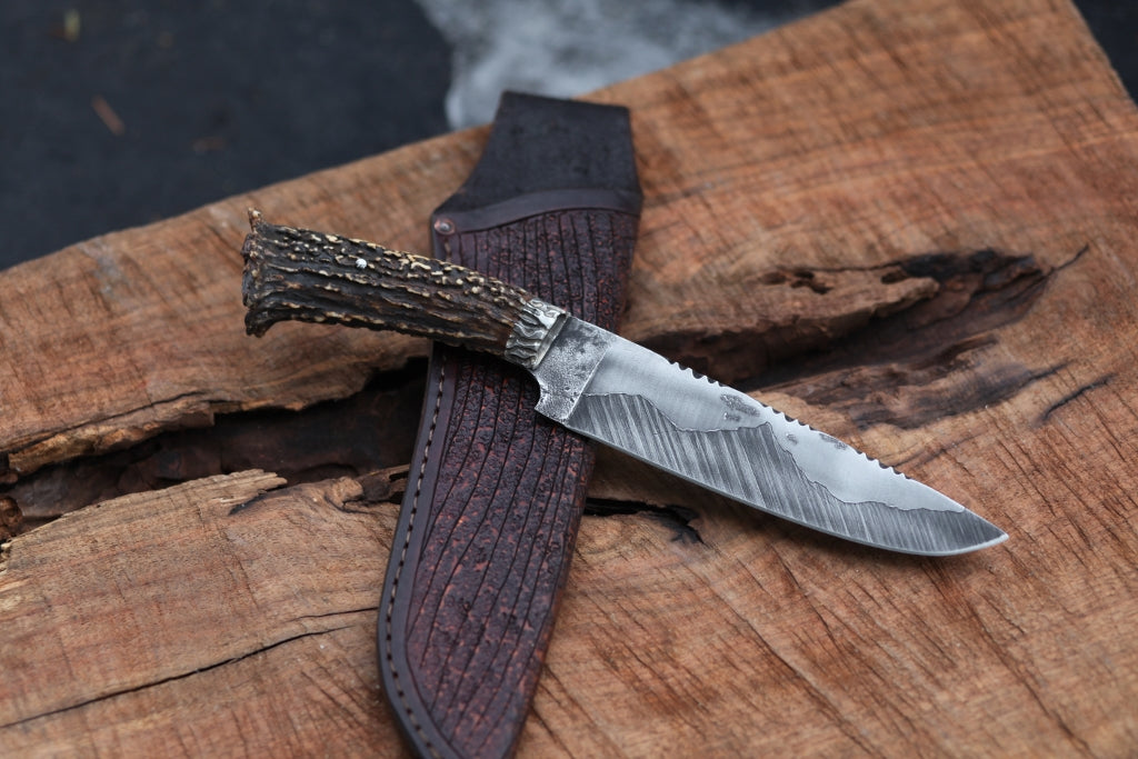 Carved antler, mountain man camp knife, Sambar stag