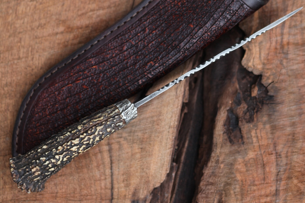 Carved antler, mountain man camp knife, Sambar stag