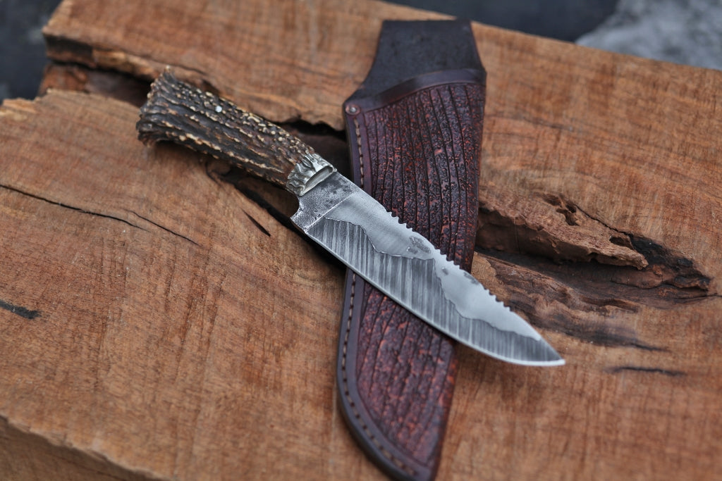 Carved antler, mountain man camp knife, Sambar stag