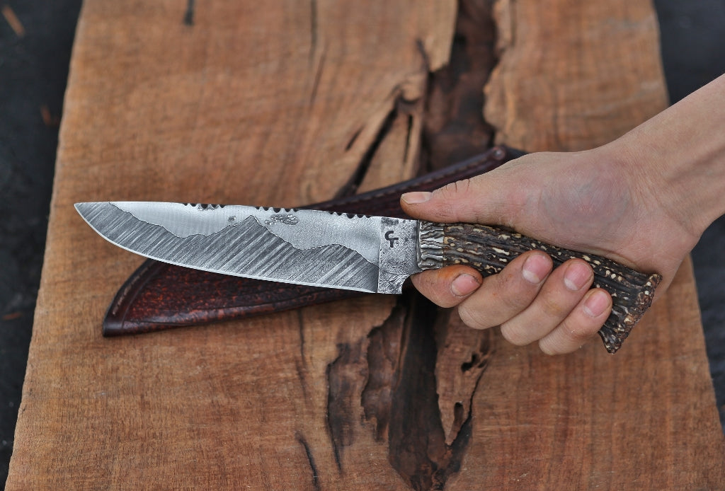 Carved antler, mountain man camp knife, Sambar stag