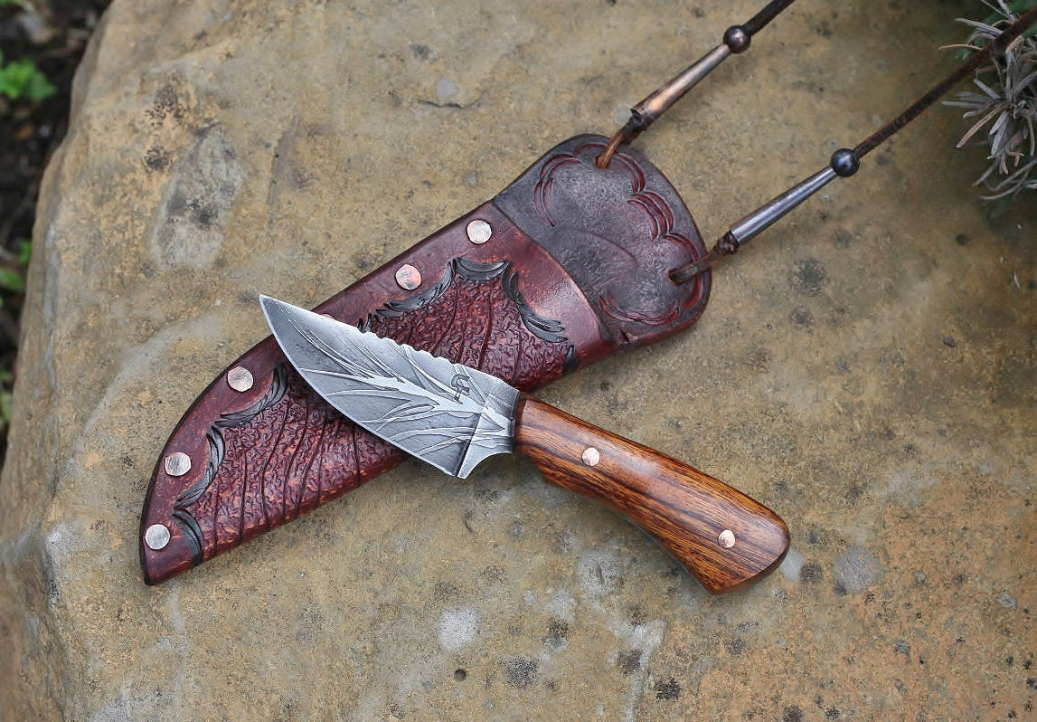 Custom etched neck knife, ironwood