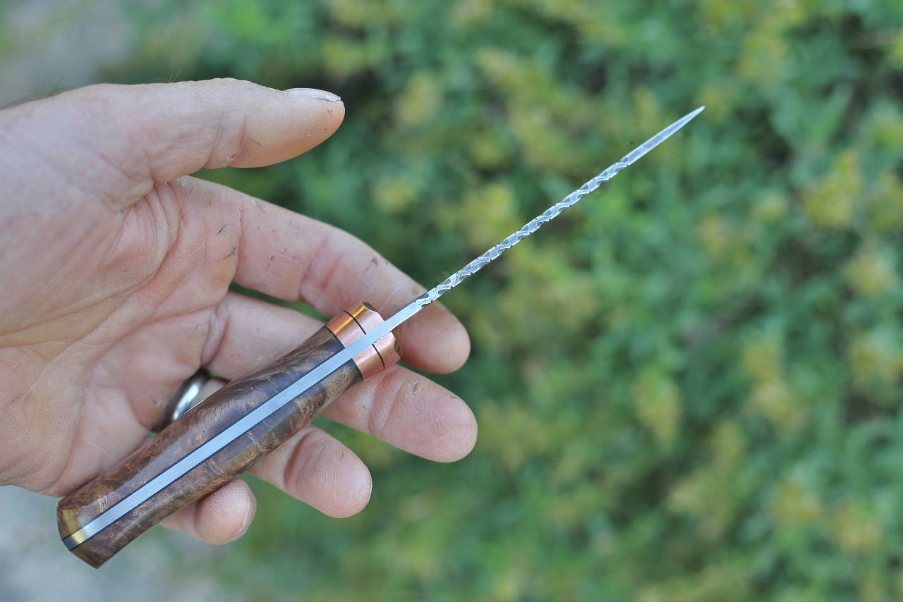 Custom drop point hunter, fancy birds eye maple