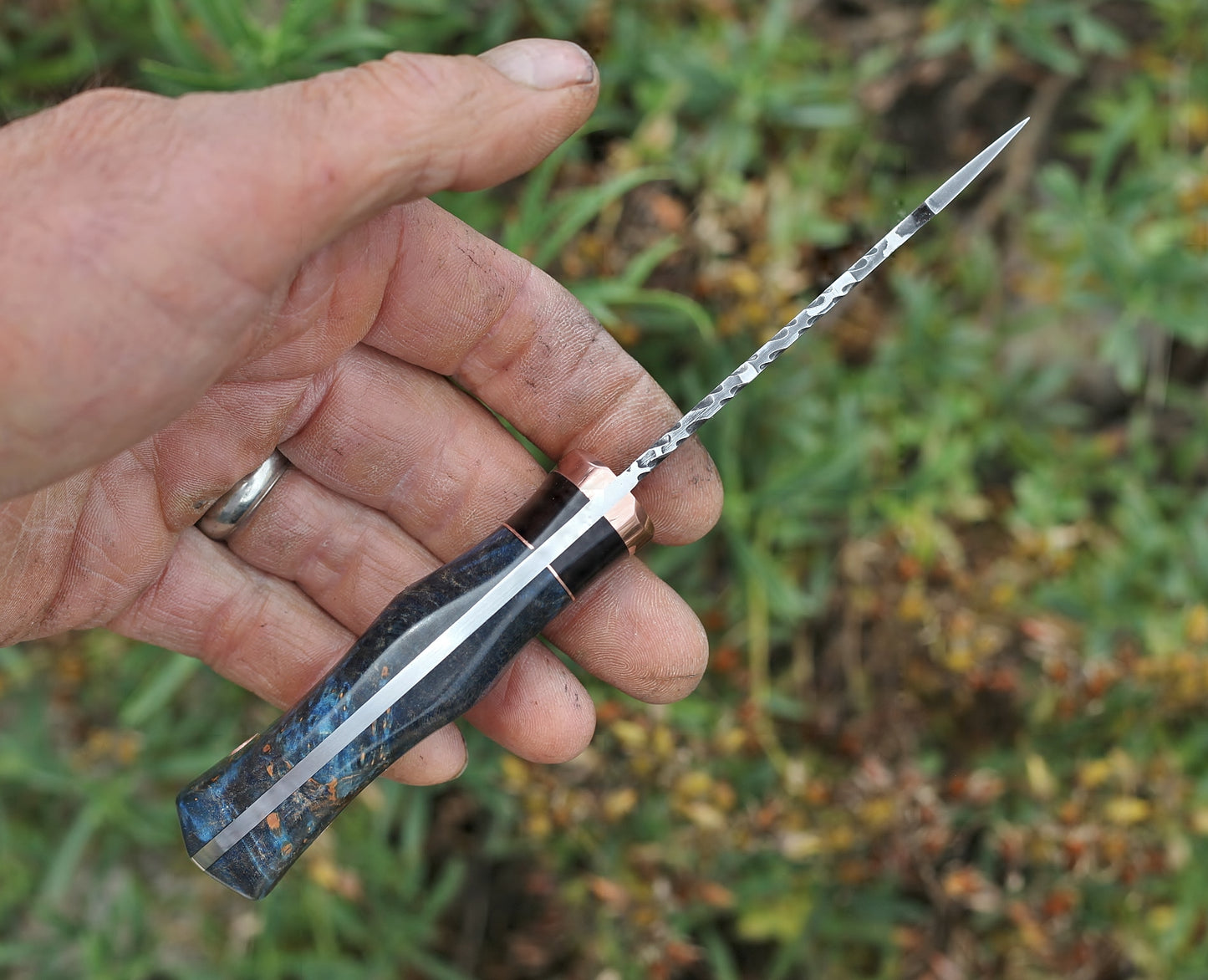 Modified drop point hunter, blue maple burl