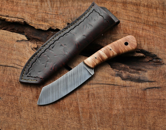 Custom 5 inch spay point camp knife, figured maple