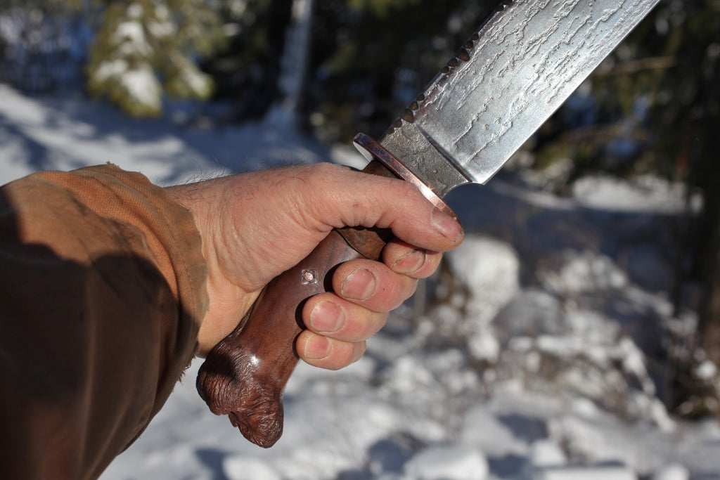 Mountain Bowie, carved walnut Mountain Man