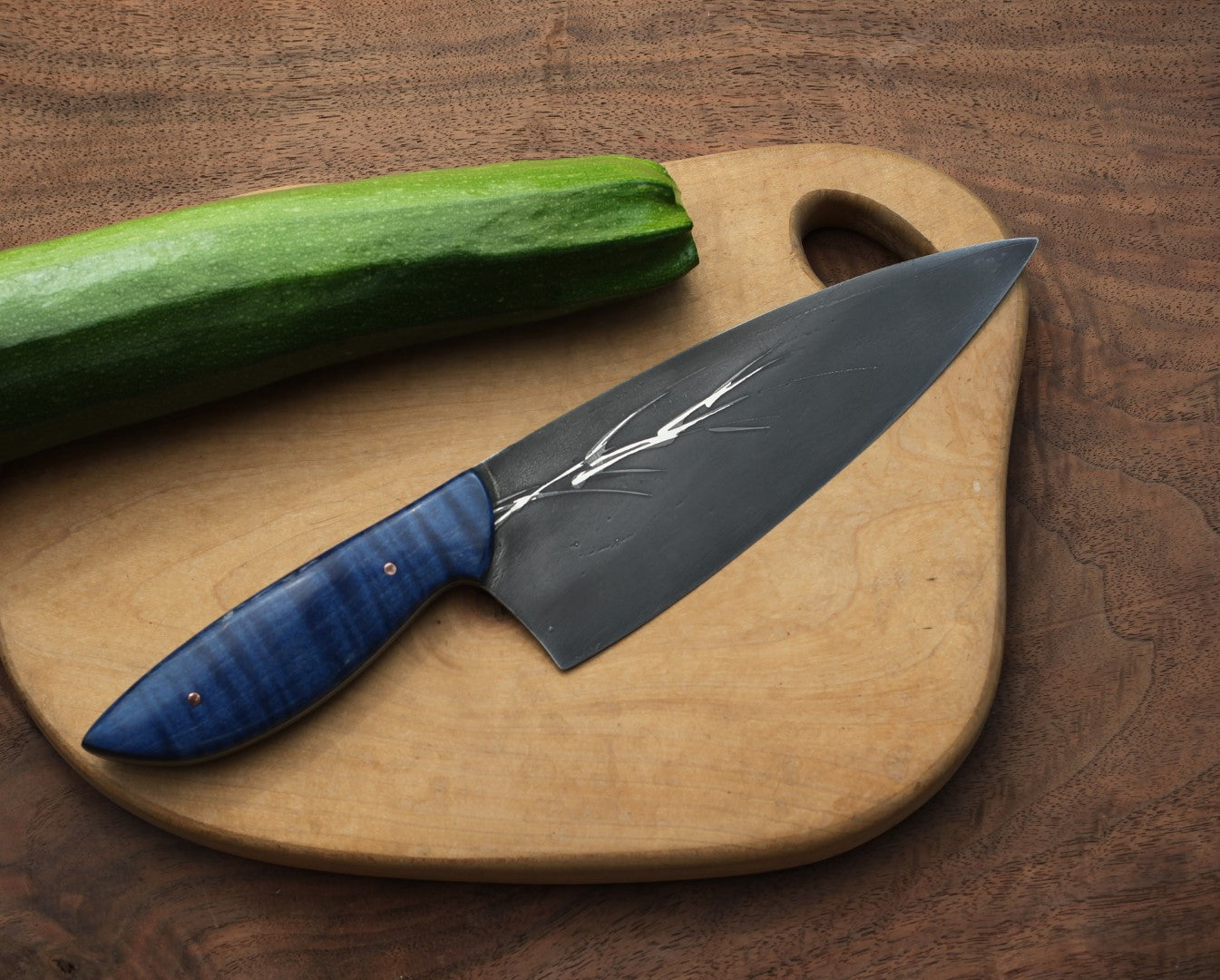 7 inch Custom Chefs knife, figured blue maple