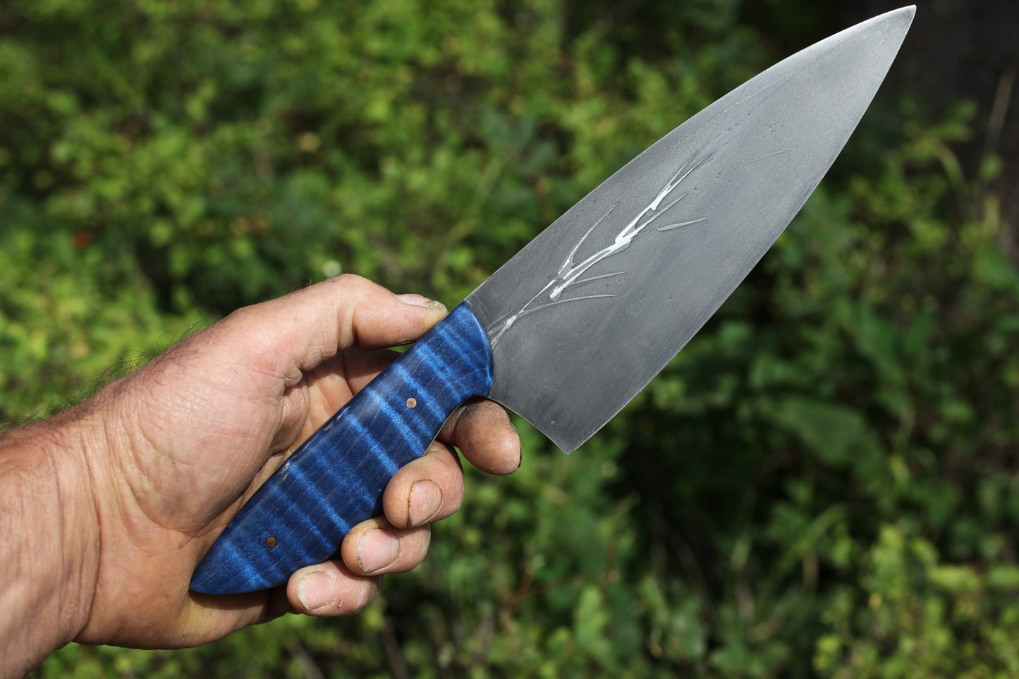 7 inch Custom Chefs knife, figured blue maple