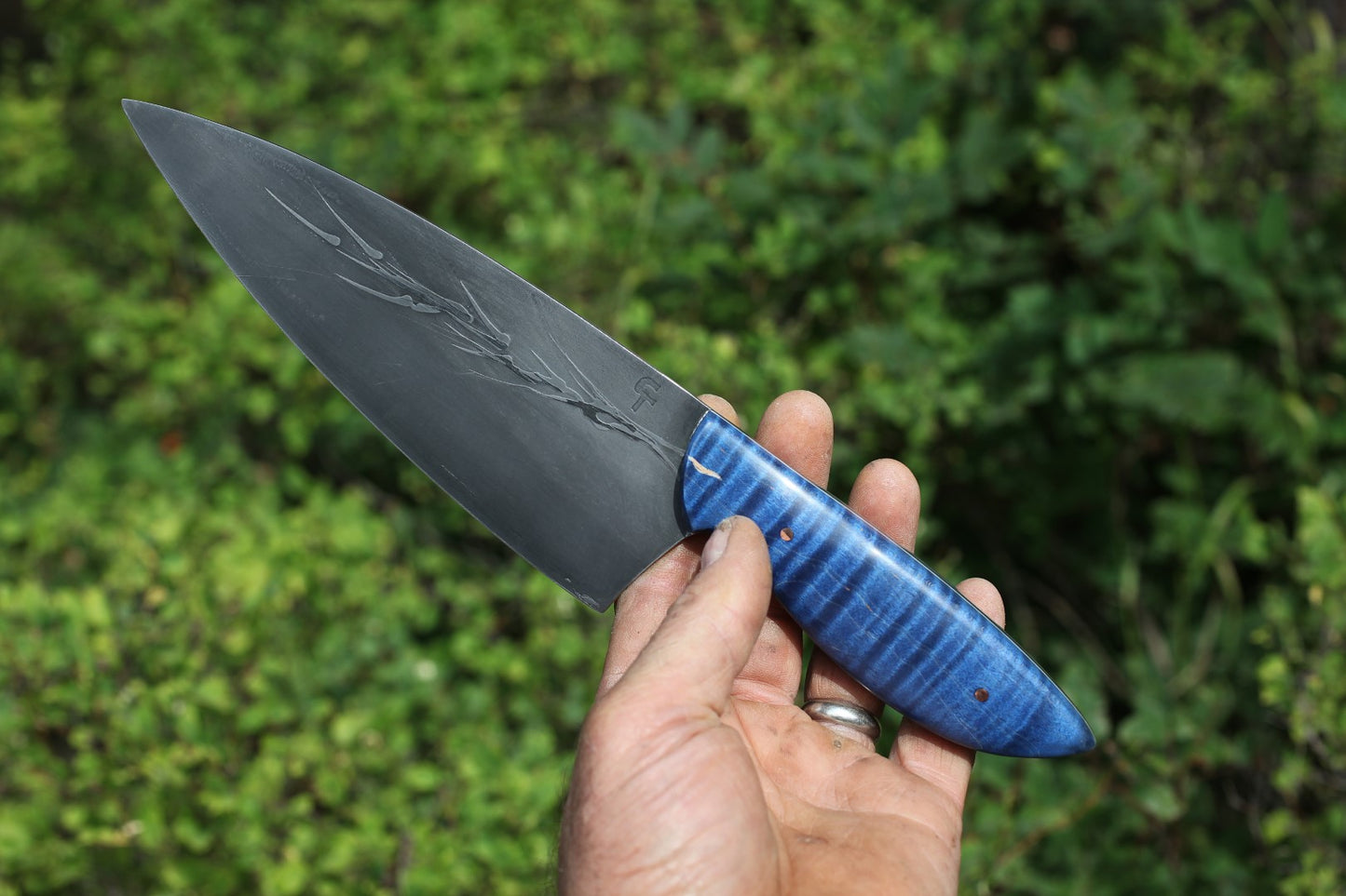 7 inch Custom Chefs knife, figured blue maple