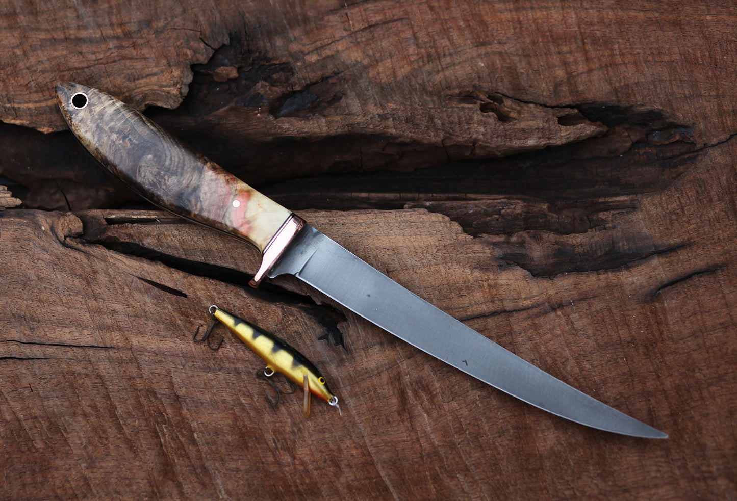 Custom 7 inch filet/fishing knife, fancy box elder