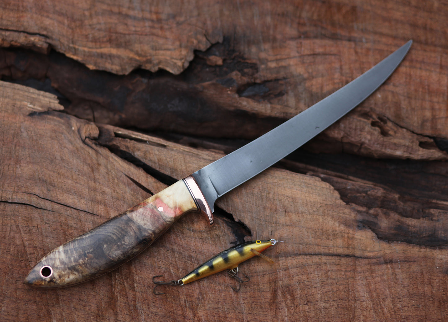 Custom 7 inch filet/fishing knife, fancy box elder