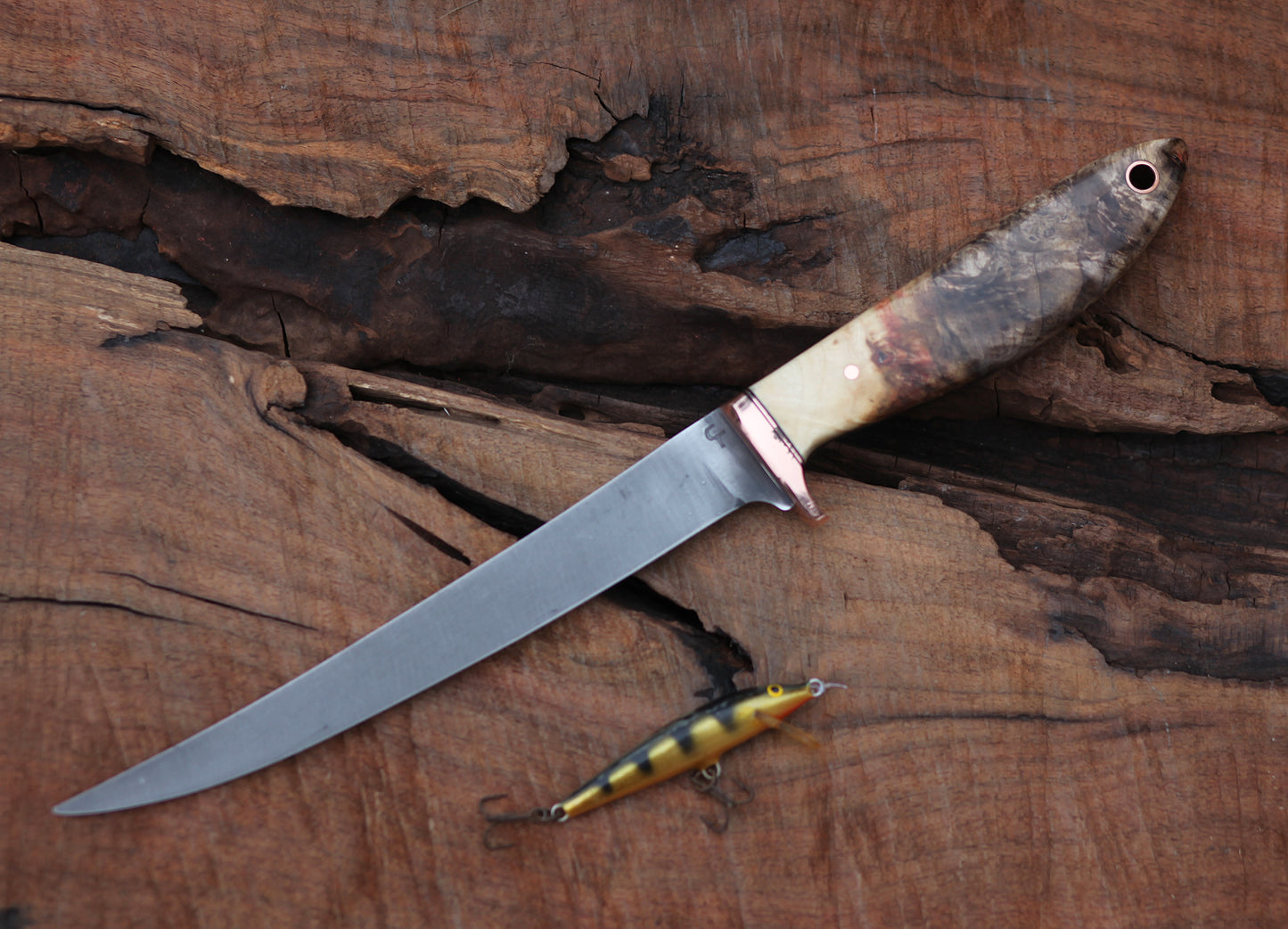 Custom 7 inch filet/fishing knife, fancy box elder