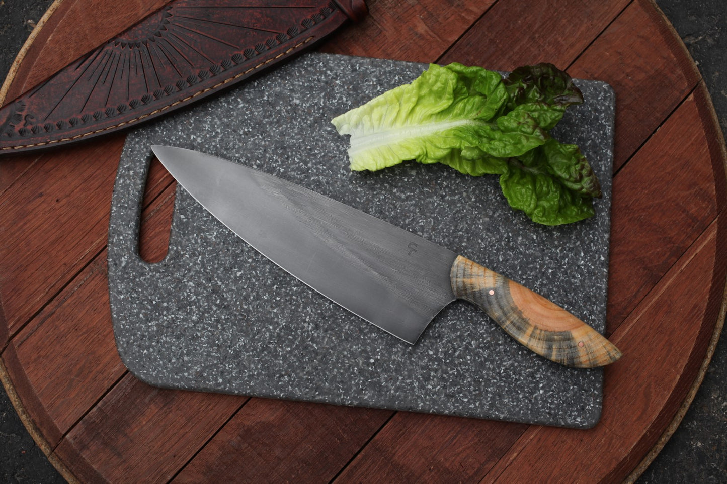 9 inch Custom Chefs knife in leather- Ponderosa pine