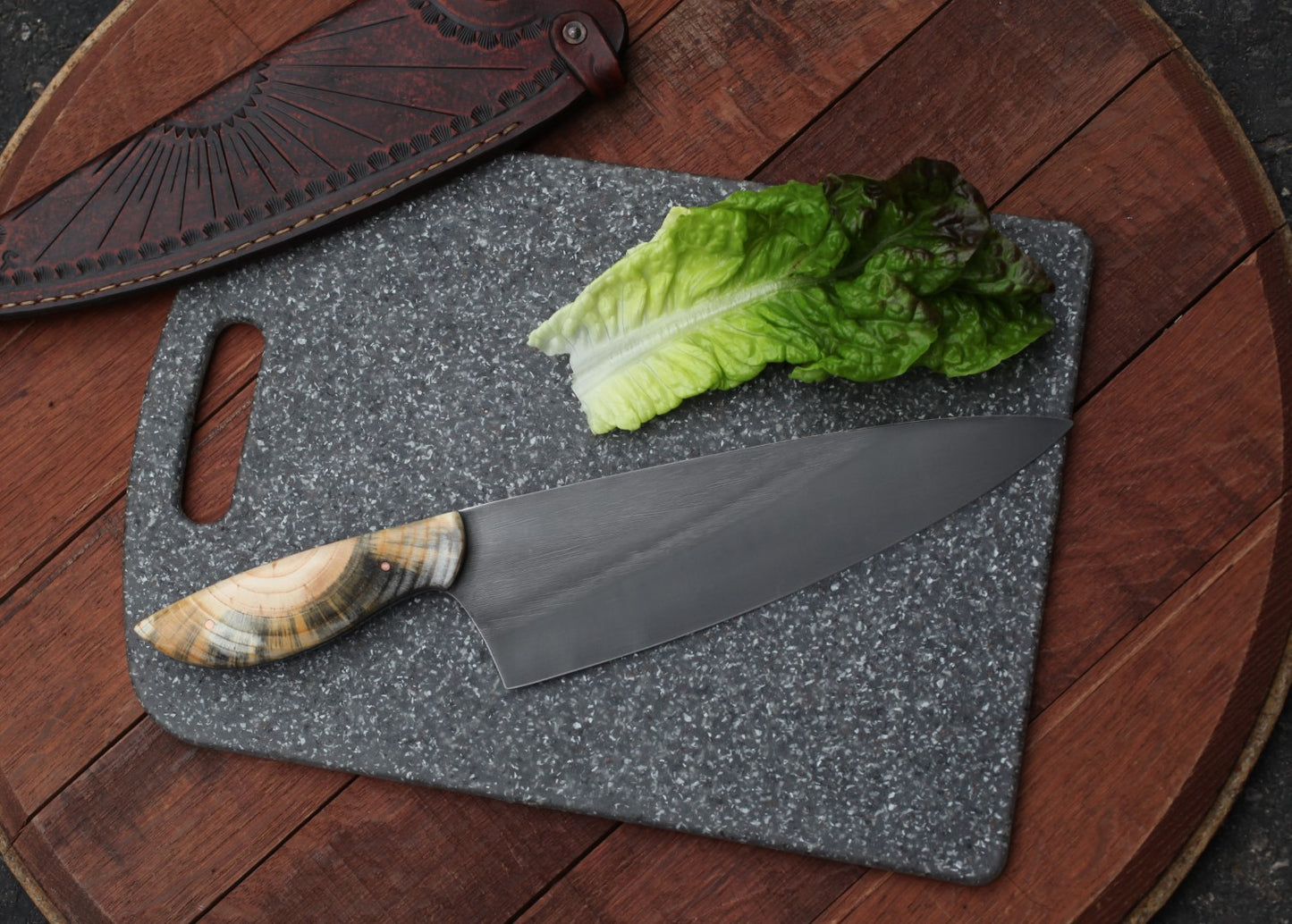 9 inch Custom Chefs knife in leather- Ponderosa pine