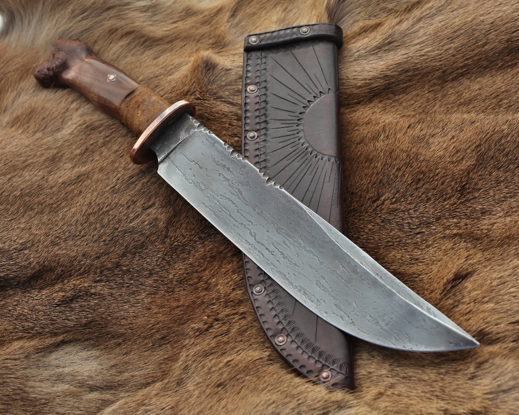 Mountain Bowie, carved walnut Mountain Man