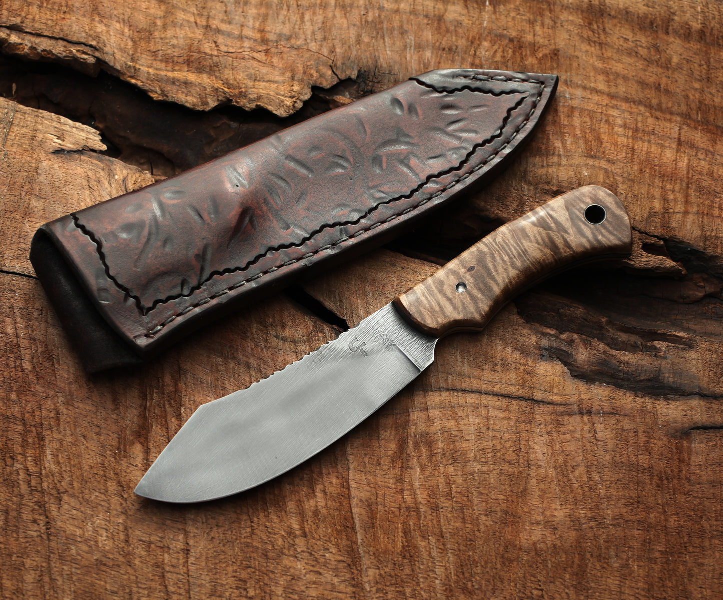 Nessmuk hunting knife, figured maple