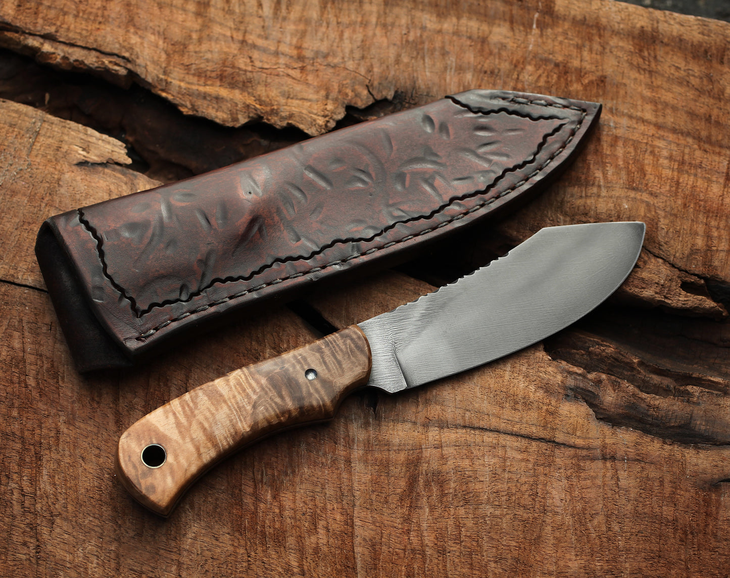 Nessmuk hunting knife, figured maple