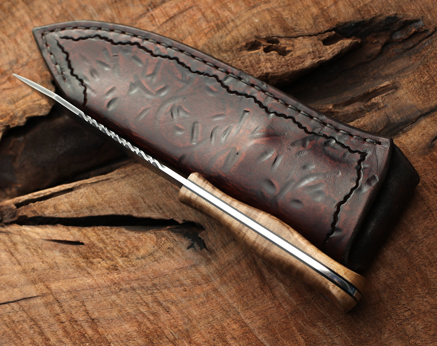 Nessmuk hunting knife, figured maple